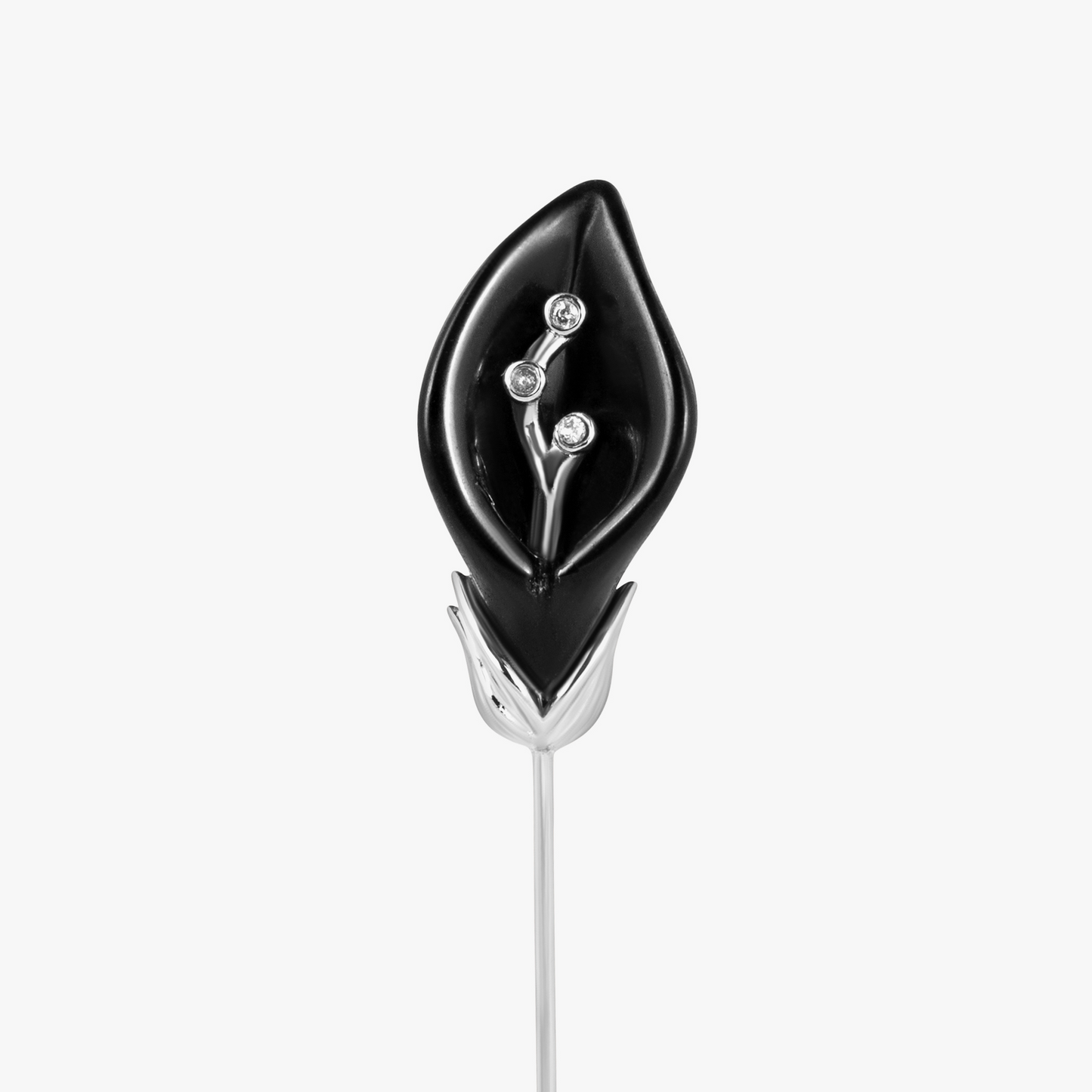 Calas Flower Pin in Palladium Plated with Brazilian Black Stone