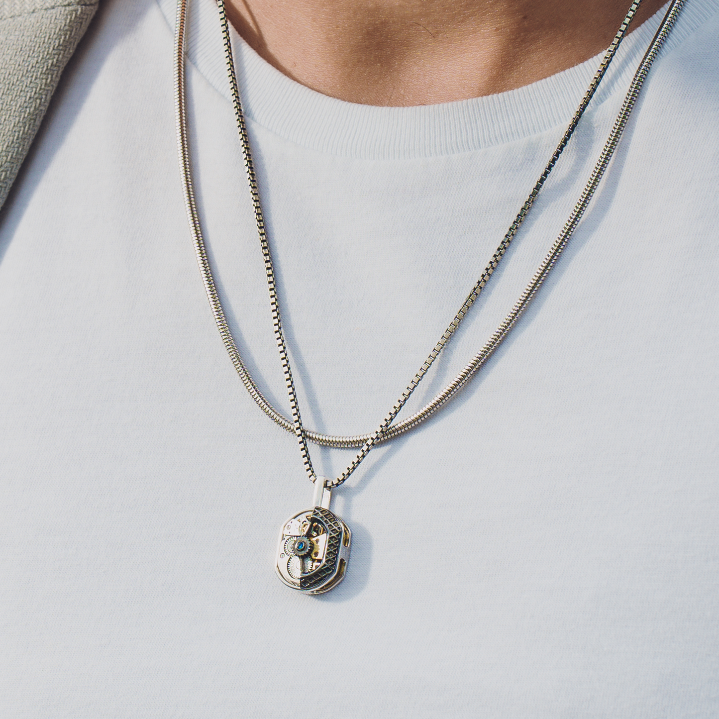 Tonneau Skeleton Necklace With Blue Sapphire & Rhodium Plated Silver (Limited Edition)